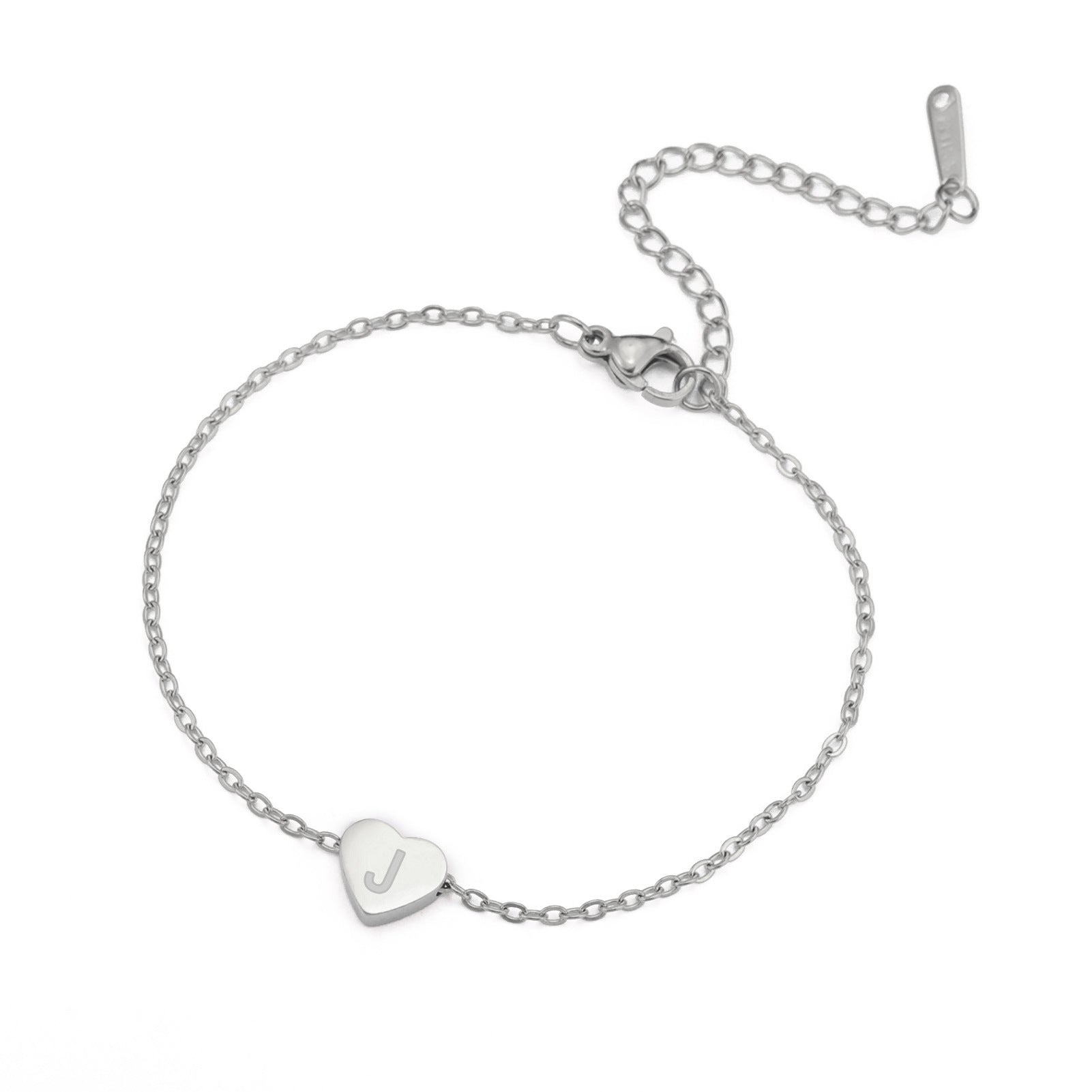 Wholesale Fashionable 26 English letters with heart-shaped stainless steel bracelet